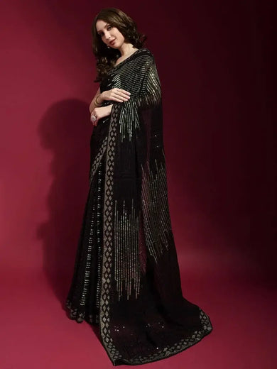 Adorable Black Georgette Stylish Light Green Sequins Work Fancy Kitty Party Wear Saree